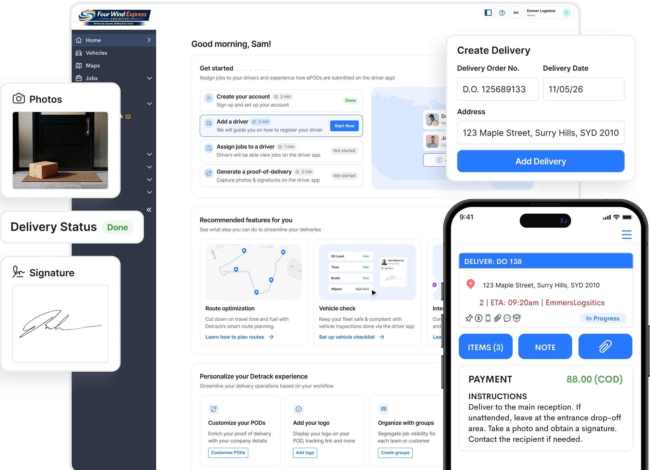 Detrack platform preview — dashboard, driver app, and proof of delivery
