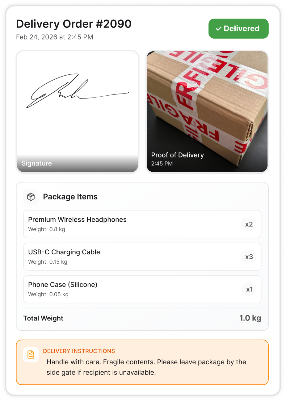 Proof of delivery with signature and package photo