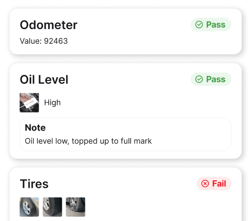 Vehicle checks UI with odometer, oil level, tires, wipers and brake status